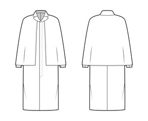 Ulster coat technical fashion illustration with cape, long sleeves, clover lapel collar, oversized body, knee length. Flat jacket template front, back, white color style. Women, men, unisex CAD mockup