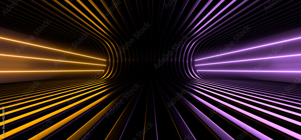 Fototapete sci fy neon lamps in a dark tunnel. reflections on the floor and walls. 3d rendering image.
