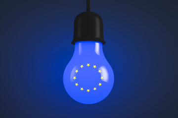 Glowing light bulb with the symbols of the European Union. Political topics