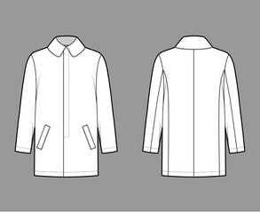 Car coat technical fashion illustration with long sleeves, round lapel collar, oversized body, stitched welt, hide closure. Flat jacket template front, back, white color style. Women, men, CAD mockup