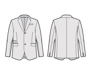 Tailored jacket lounge suit technical fashion illustration with long sleeves, notched lapel collar, flap went pockets. Flat coat template front, back, grey color style. Women men unisex top CAD mockup
