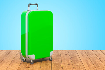 Hardside Luggage with Spinner Wheels and Telescoping Handle on the wooden planks, 3D rendering