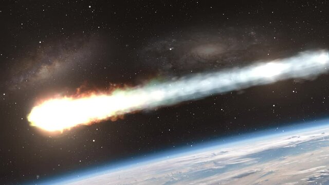 Meteor Asteroid entering earth Atmosphere over the clouds
,Cinematic outer space view of comet falling on earth
