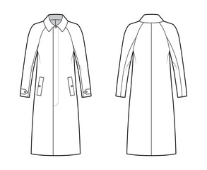 Mackintosh coat technical fashion illustration with raglan long sleeves, oversized body, midi length. Flat rubber jacket template front, back, white color style. Women, men, unisex top CAD mockup