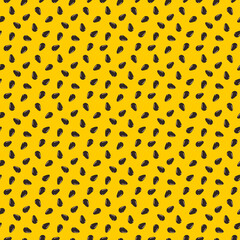 Passion fruit texture. Exotic seamless pattern with brown seeds on orange background. Bright tropical summer print. Vector illustration.