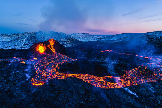 Aerial view of the recent active volcano in the Geldingadalir valley at Fagradalsfjalli mountain, Reykjanes Peninsula, Iceland.
