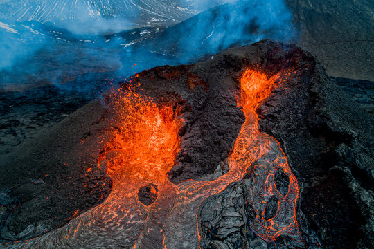 Aerial view of the recent active volcano in the Geldingadalir valley at Fagradalsfjalli mountain, Reykjanes Peninsula, Iceland.