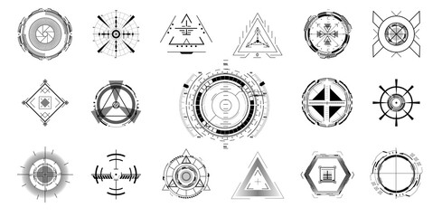 Sniper aim icon pointer, isolated on white background. Target navigation, sniper weapon mark cursor, military collimator sight, gun targets focus range indication.  Focus icons. Vector