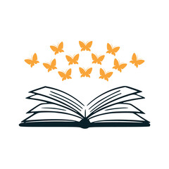 black open book with butterfly hand drawn on white background stock vector illustration .