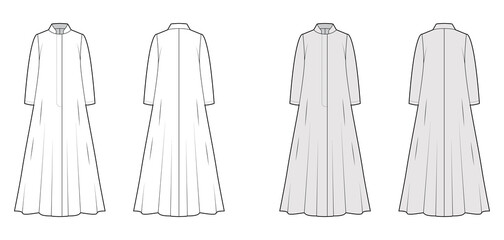 Opera coat technical fashion illustration with long sleeves, stand collar, oversized trapeze body, floor maxi length. Flat jacket template front, back, white, grey color style. Women, men CAD mockup