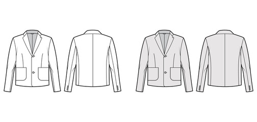 Blazer jacket suit technical fashion illustration with long sleeves, notched lapel collar, patch pockets, oversized body. Flat coat template front, back, white, grey color style. Women, men CAD mockup