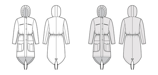 Parka coat technical fashion illustration with faux fur hood, long sleeves, fitted body, knee length, flap pockets. Flat jacket template front, back, white, grey color style. Women, men top CAD mockup © Vectoressa