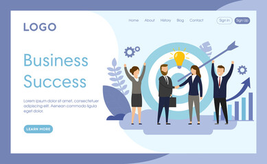 Website Page Template Layout Vector Illustration. Cartoon Flat Style Composition With Objects, Buttons And Writings. Business Success Concept. Group Of People Standing Before Darts And Arrow Element.