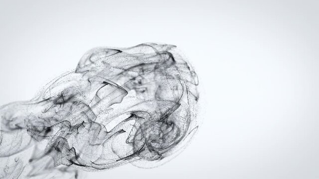 Black fluid ink particles. Particle stream animation. Effect of ink in water. Black particles on a white background. Slow motion. 4K
