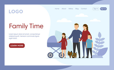 Internet Landing Page With Writings And Objects. Vector Illustration In Flat Cartoon Style. Family Time Idea. Composition With People, Blue Background, Design Elements. Parents And Children Standing