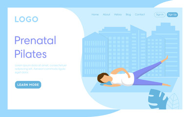 Prenatal Pilates Concept Illustration. Vector Composition, Flat Cartoon Style. Webpage Landing Interface Template With Writings And Design Elements. Pregnant Woman Healthcare, Active Fitness Exercise