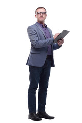 Handsome happy businessman or banker taking notes on clipboard as paperwork