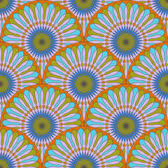 Abstract mandala fish scale seamless pattern. Ornamental tile, mosaic background. Floral patchwork infinity card. Arabic, Indian, ottoman motifs.