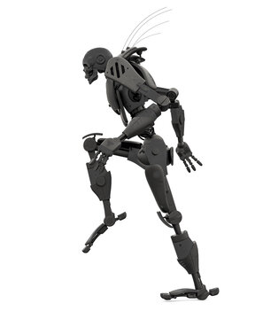 Skeleton Robot Is Marching White Background Side View