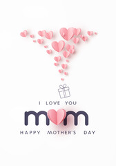 Mother's day postcard with paper flying elements and gift box on white sky background. Vector symbols of love in shape of heart for greeting card design