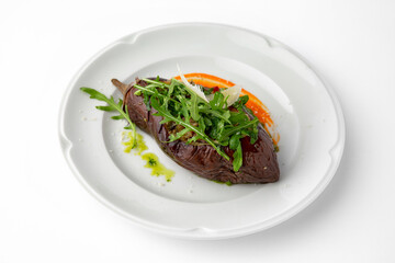 Eggplant baked with tomatoes, zucchini, parmesan. Banquet festive dishes. Gourmet restaurant menu. White background.