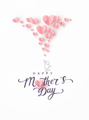 Mother's day postcard with paper flying elements and man on white sky background. Vector symbols of love in shape of heart for greeting card design