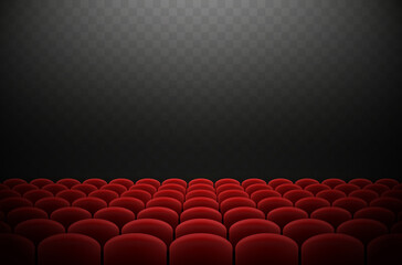 Cinema or movie seats isolated on transparent background. Vector rows of realistic red theater chairs. Empty dark hall, show stage template
