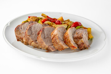 Sliced meat delicacies. Delicious beef, pork and poultry. Banquet festive dishes. Gourmet restaurant menu. White background.