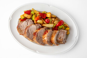 Sliced meat delicacies. Delicious beef, pork and poultry. Banquet festive dishes. Gourmet restaurant menu. White background.