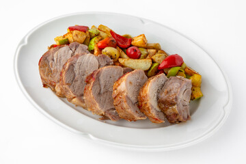 Sliced meat delicacies. Delicious beef, pork and poultry. Banquet festive dishes. Gourmet restaurant menu. White background.