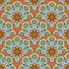 Abstract mandala fish scale seamless pattern. Ornamental tile, mosaic background. Floral patchwork infinity card. Arabic, Indian, ottoman motifs.