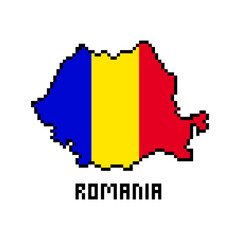 2d 8 bit pixel art Romania map covered with flag isolated on white background. Old school vintage retro 80s, 90s platform computer, video game graphics. Slot machine design element. Country geography.