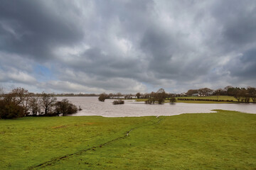 Obraz premium Flooded agriculture land in spring season. Nature seasonal disaster. Green grass field filled with water. Cloudy sky. Nobody.