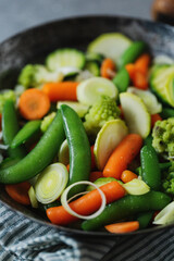 Vegan vegetables on pan on table