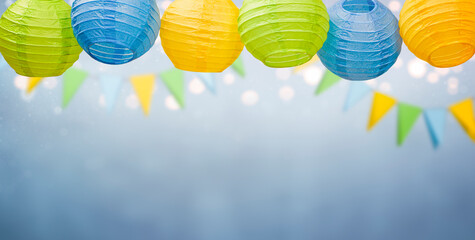 paper lanterns and garland on a gray background. festive background