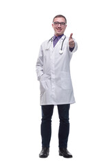 Confident smiling doctor with lab coat pointing an looking at camera