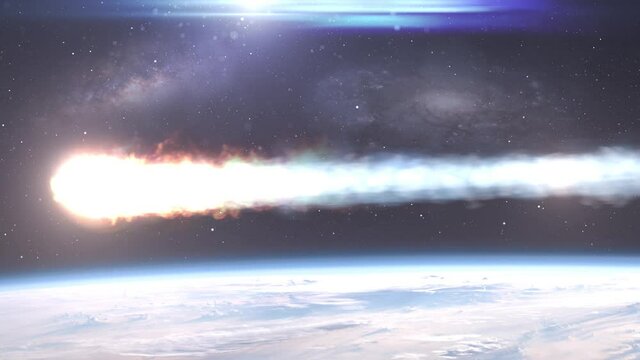 Meteor Asteroid entering earth Atmosphere over the clouds
,Cinematic outer space view of comet falling on earth

