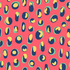 Colorful abstract vector elements overlapped seamless repeat pattern. Doodled dots and strokes all over print with background.