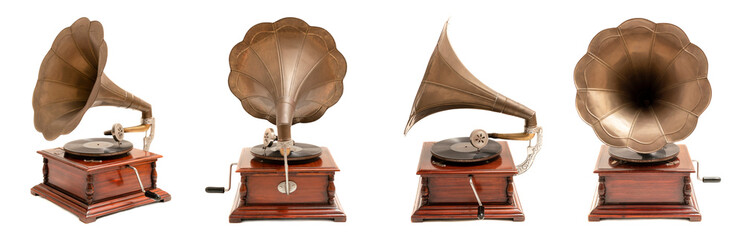 Photos of vintage gramophone isolated on white background. Old record or vinyl music player set of photos from different sides. - obrazy, fototapety, plakaty