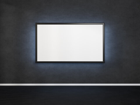 Horizontal picture hanging on dark concrete wall. Poster with a black frame. 3D rendering mockup of tv with a backlight.