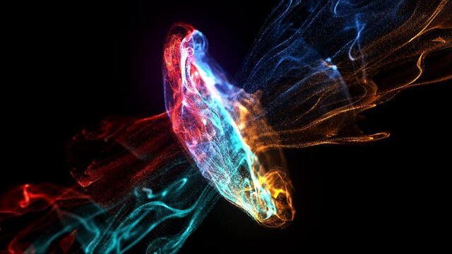 Fluid ink particles. Collision of two multicolored streams of particles. Effect of ink in water. Red, orange and blue particles on a black background. Slow motion. Alpha channel included. 4K