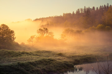 Fototapeta na wymiar A beautiful river morning with mist and sun light. Springtime scenery of river banks in Northern Europe. Warm, colorful look.