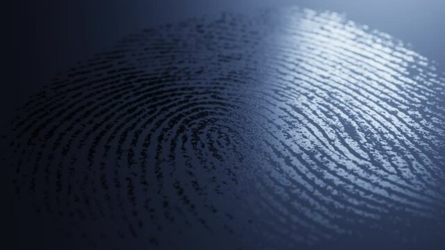 Closeup shot of fingerprint mark on dark blue surface visible in reflected light. Crime scene animation