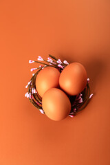 Chicken eggs in a nest on a beige background. Minimalistic Easter concert