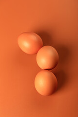 chicken egg on a beige background. Three brown eggs. Easter minimalistic concept.