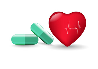 green capsule with heart, isolated white background vector illustration concept Health care