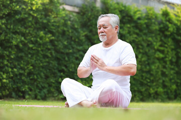 Fototapeta premium Asian Elderly man doing yoga in the garden.