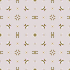 Simple golden vector geometric floral texture. Abstract seamless pattern with small flower silhouettes, crosses, stars. Elegant minimal ornament. Gold and white background. Luxury repeatable design