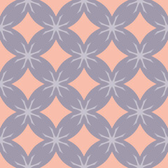 Fototapeta premium Simple vector floral geometric seamless pattern. Elegant ornament texture with flower silhouettes, diamonds, squares, crosses. Stylish ornamental background. Lilac and pink color. Repeatable design
