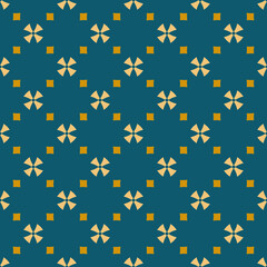 Simple geometric floral seamless pattern. Abstract vector ornament with flower silhouettes, crosses, small squares. Elegant background texture in teal and yellow color. Repeat design for decor, fabric